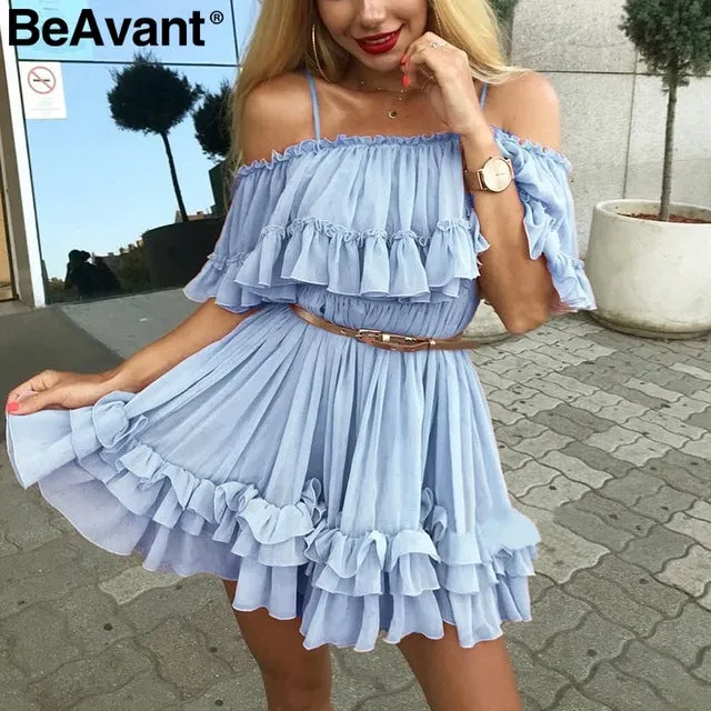 BeAvant Off shoulder strap chiffon summer dresses Women ruffle pleated short dress pink Elegant holiday loose beach mini dress