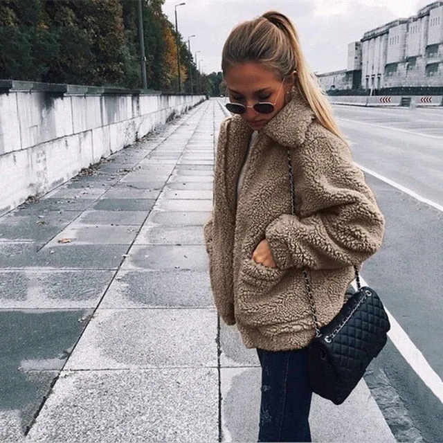 Elegant Faux Fur Coat Women 2019 Autumn Winter Thick Warm Soft Fleece Jacket Pocket Zipper Outerwear Overcoat Bear Teddy coat