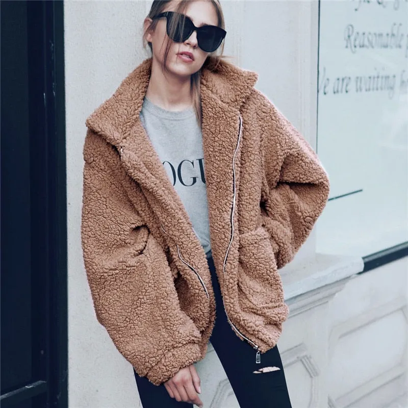 Elegant Faux Fur Coat Women 2019 Autumn Winter Thick Warm Soft Fleece Jacket Pocket Zipper Outerwear Overcoat Bear Teddy coat
