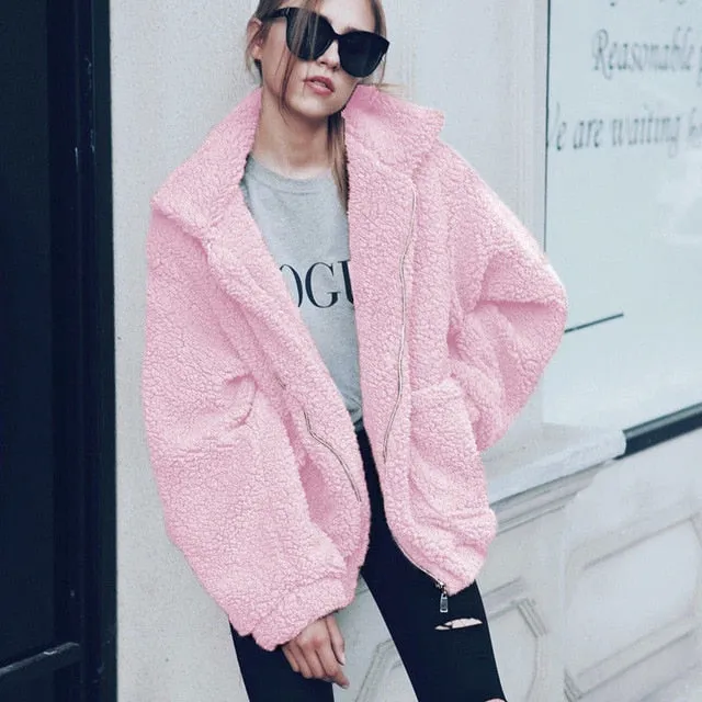 Elegant Faux Fur Coat Women 2019 Autumn Winter Thick Warm Soft Fleece Jacket Pocket Zipper Outerwear Overcoat Bear Teddy coat