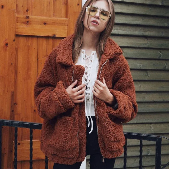 Elegant Faux Fur Coat Women 2019 Autumn Winter Thick Warm Soft Fleece Jacket Pocket Zipper Outerwear Overcoat Bear Teddy coat