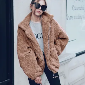 Elegant Faux Fur Coat Women 2019 Autumn Winter Thick Warm Soft Fleece Jacket Pocket Zipper Outerwear Overcoat Bear Teddy coat