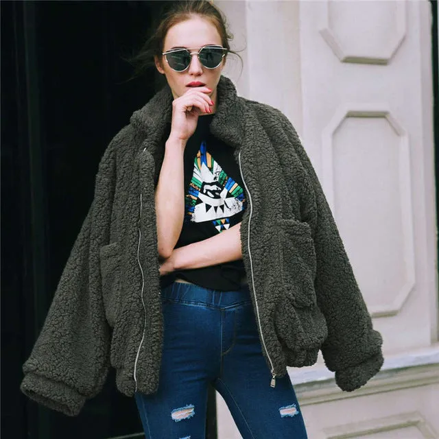 Elegant Faux Fur Coat Women 2019 Autumn Winter Thick Warm Soft Fleece Jacket Pocket Zipper Outerwear Overcoat Bear Teddy coat