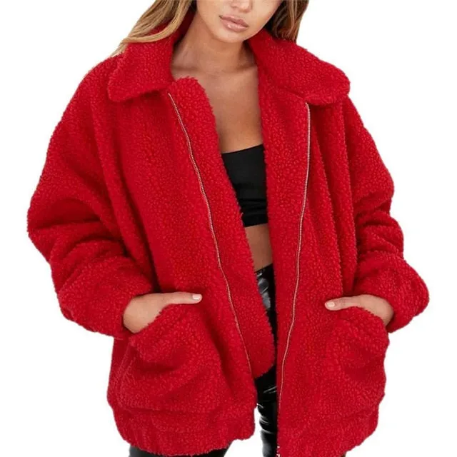 Elegant Faux Fur Coat Women 2019 Autumn Winter Thick Warm Soft Fleece Jacket Pocket Zipper Outerwear Overcoat Bear Teddy coat