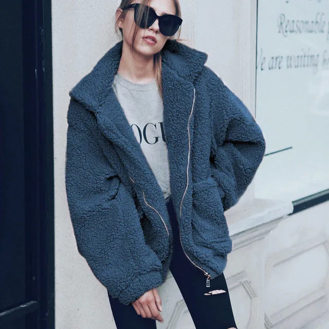Elegant Faux Fur Coat Women 2019 Autumn Winter Thick Warm Soft Fleece Jacket Pocket Zipper Outerwear Overcoat Bear Teddy coat
