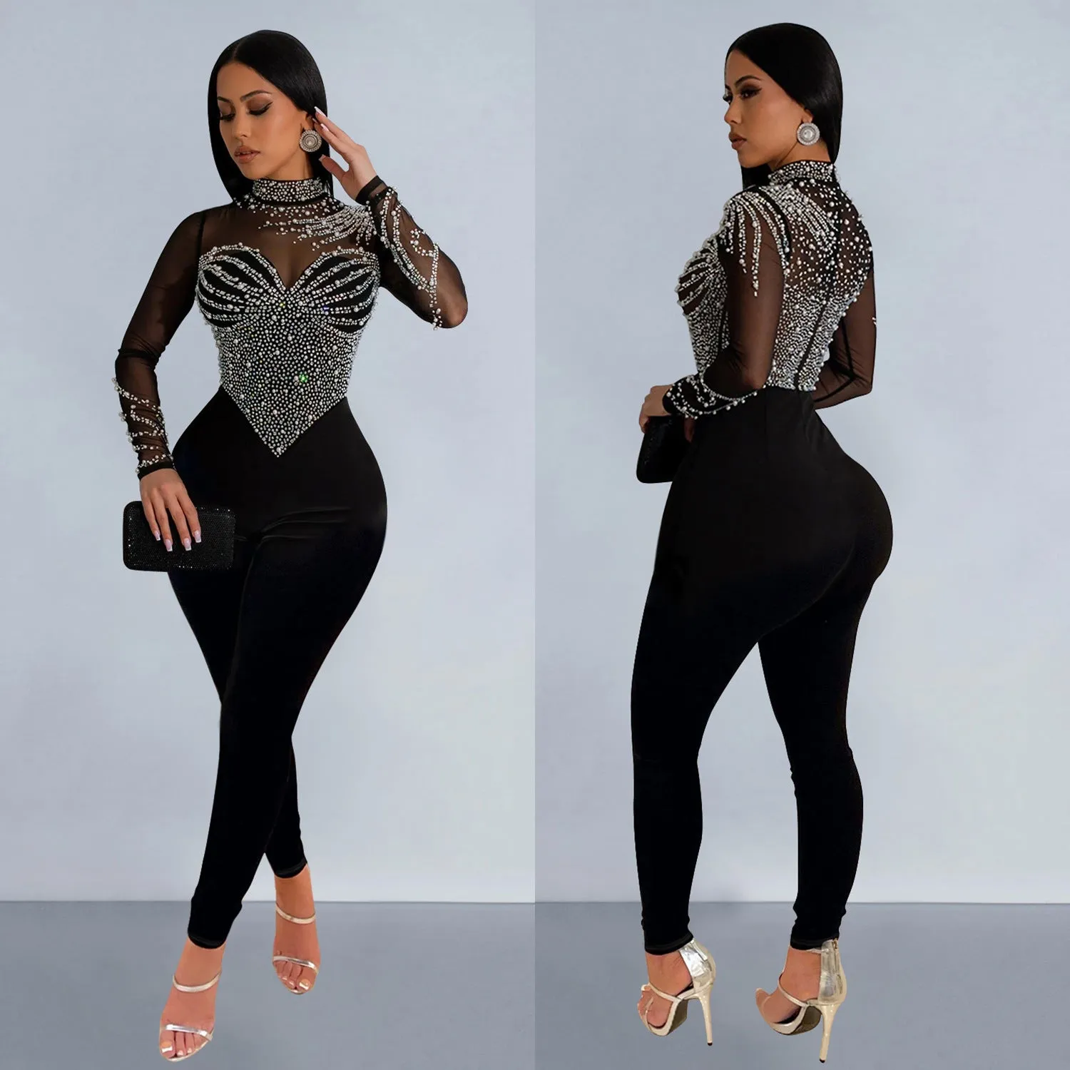Fashion Pure Color Mesh Rhinestone Long-sleeved Trousers Jumpsuit