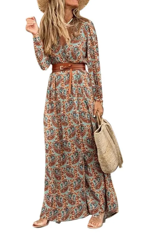 Printed Belted Long Dress