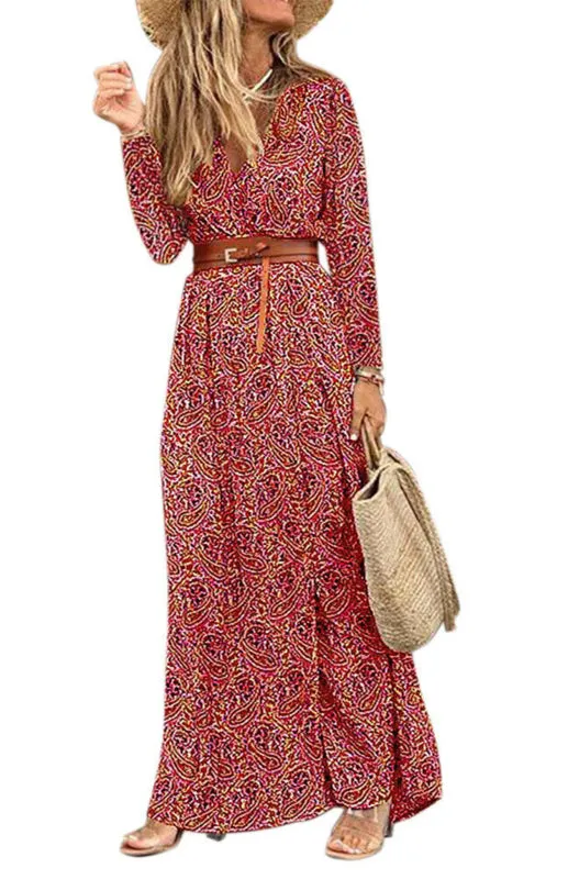 Printed Belted Long Dress