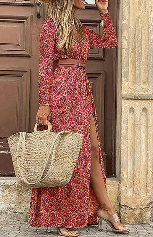 Printed Belted Long Dress