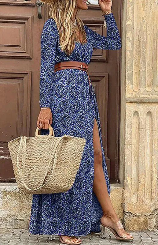 Printed Belted Long Dress