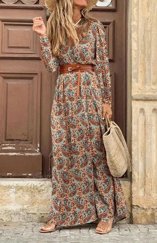 Printed Belted Long Dress