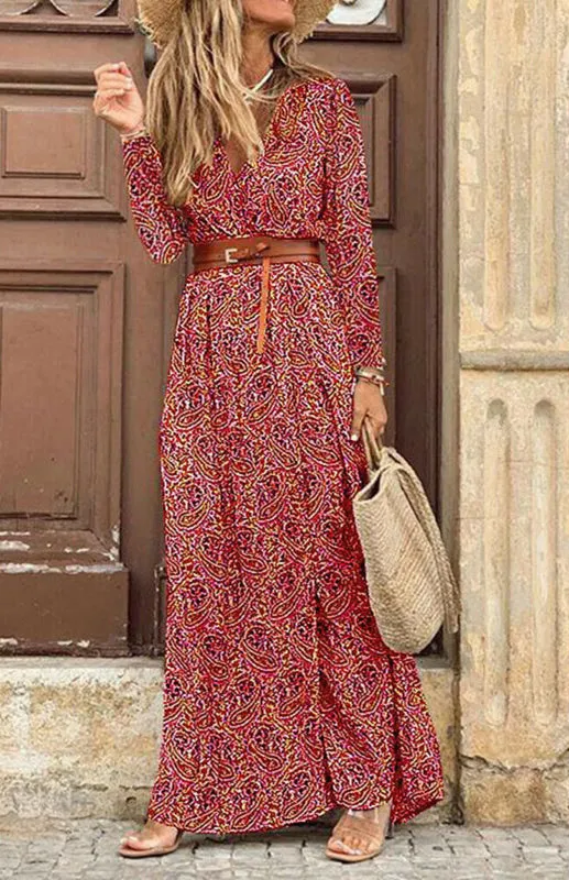 Printed Belted Long Dress