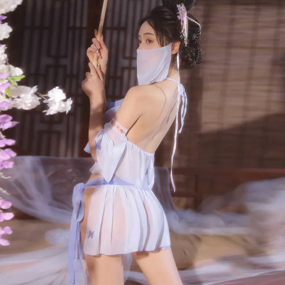 Sexy Chinese Elf Costume Purple Vintage Chiffon Halter Crop Top Slit Skirt and Panty