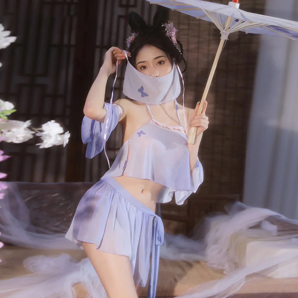Sexy Chinese Elf Costume Purple Vintage Chiffon Halter Crop Top Slit Skirt and Panty