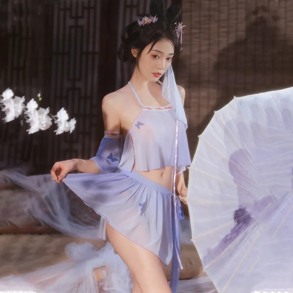 Sexy Chinese Elf Costume Purple Vintage Chiffon Halter Crop Top Slit Skirt and Panty