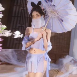 Sexy Chinese Elf Costume Purple Vintage Chiffon Halter Crop Top Slit Skirt and Panty