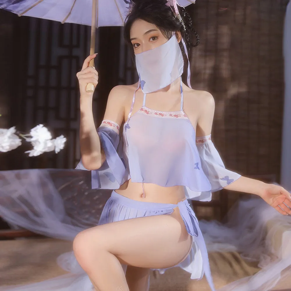 Sexy Chinese Elf Costume Purple Vintage Chiffon Halter Crop Top Slit Skirt and Panty
