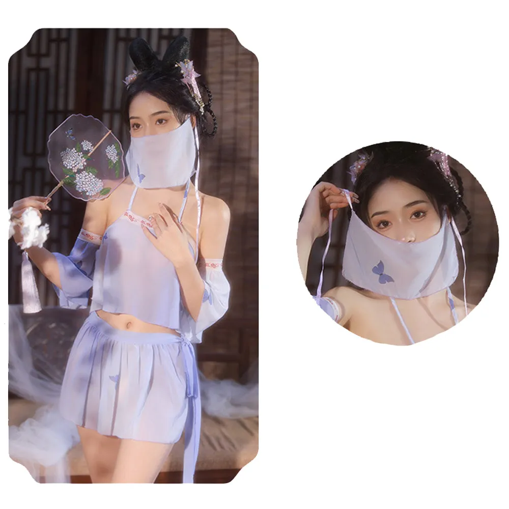 Sexy Chinese Elf Costume Purple Vintage Chiffon Halter Crop Top Slit Skirt and Panty