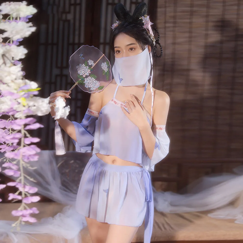 Sexy Chinese Elf Costume Purple Vintage Chiffon Halter Crop Top Slit Skirt and Panty
