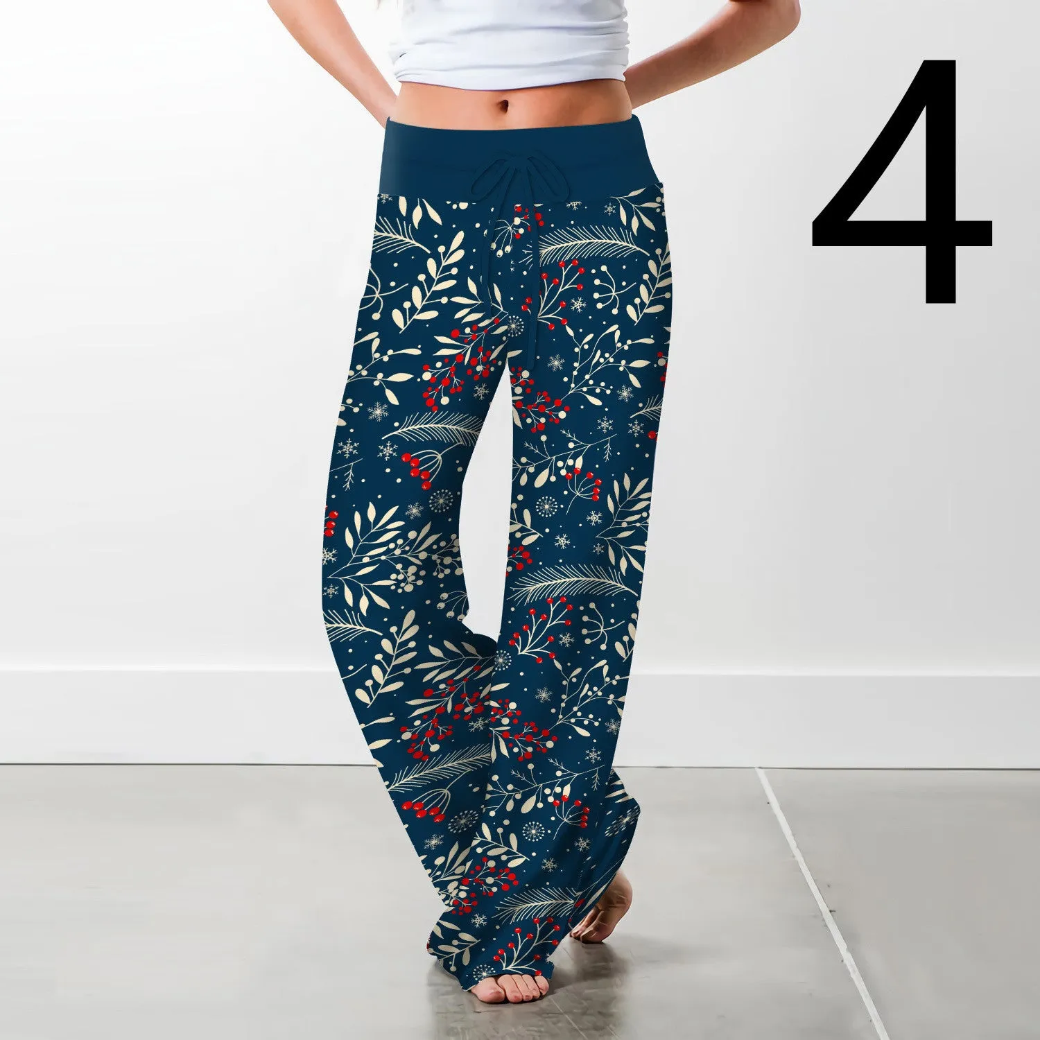 Women's Christmas Digital Print Drawstring Wide Leg Pants