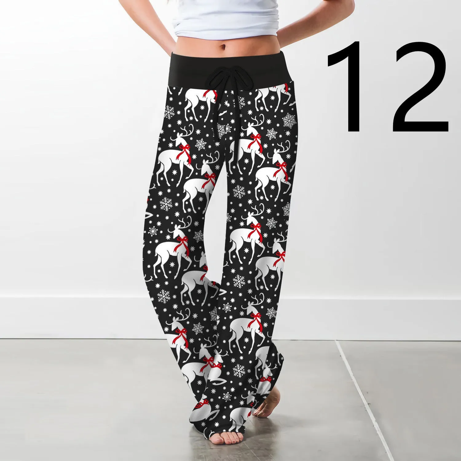 Women's Christmas Digital Print Drawstring Wide Leg Pants