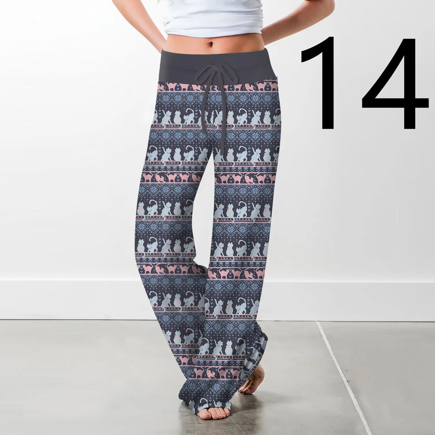 Women's Christmas Digital Print Drawstring Wide Leg Pants