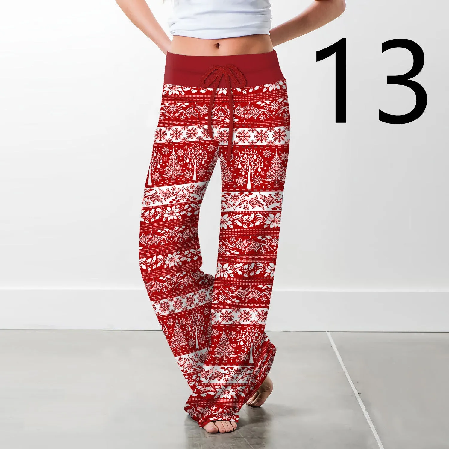 Women's Christmas Digital Print Drawstring Wide Leg Pants