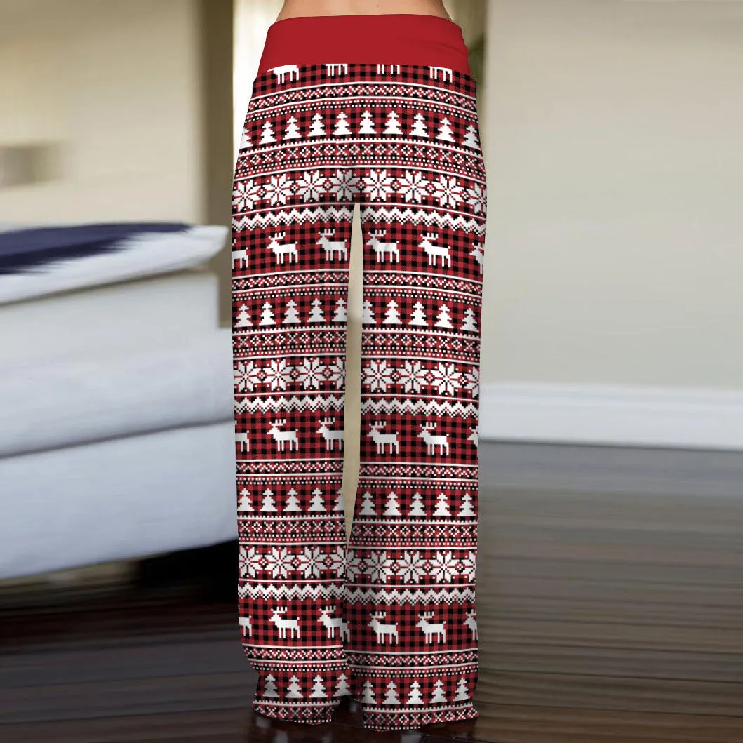 Women's Christmas Digital Print Drawstring Wide Leg Pants