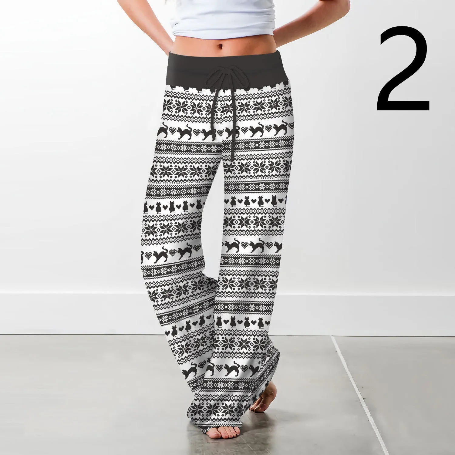 Women's Christmas Digital Print Drawstring Wide Leg Pants